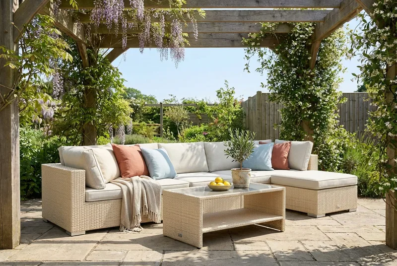 Bahamas utendørs divansofa 6-seters med vendbar divan og bord med hylle - Beige - Hage - Utemiljø - Veranda & terrasse - Verandamøbler