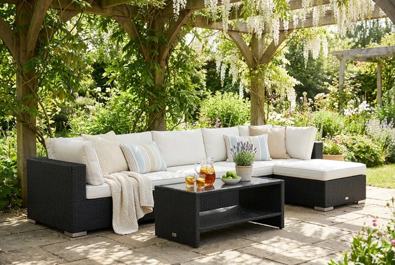 Bahamas utendørs divansofa 6-seters med vendbar divan og bord med hylle - Svart - Hage - Utemiljø - Veranda & terrasse - Verandamøbler