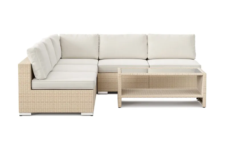 Bahamas utendørs hjørnesofa 5-seters vendbar med åpen avslutning og bord med hylle - Beige - Hage - Utemiljø - Veranda & terrasse - Verandamøbler