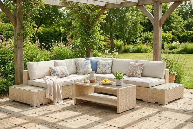 Bahamas utendørs hjørnesofa 5-seters vendbar med åpen avslutning og bord med hylle - Beige - Hage - Utemiljø - Veranda & terrasse - Verandamøbler