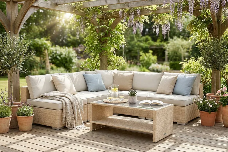 Bahamas utendørs hjørnesofa 5-seters vendbar med åpen avslutning og bord med hylle - Beige - Hage - Utemiljø - Veranda & terrasse - Verandamøbler