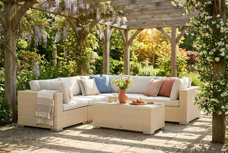 Bahamas utendørs hjørnesofa 5-seters vendbar med bord - Beige - Hage - Utemiljø - Veranda & terrasse - Verandamøbler