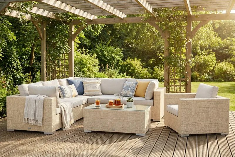 Bahamas utendørs hjørnesofa 6-seters vendbar med lenestol og bord - Beige - Hage - Utemiljø - Veranda & terrasse - Verandamøbler