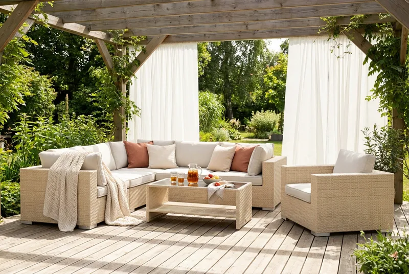 Bahamas utendørs hjørnesofa 6-seters vendbar med lenestol og bord med hylle - Beige - Hage - Utemiljø - Veranda & terrasse - Verandamøbler