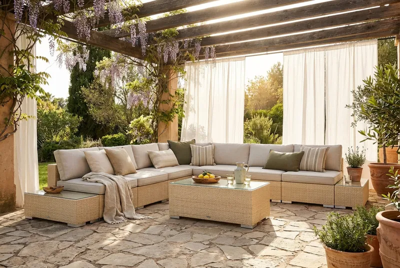 Bahamas utendørs hjørnesofa 7-seters vendbar med åpen avslutning og bord - Beige - Hage - Utemiljø - Veranda & terrasse - Verandamøbler