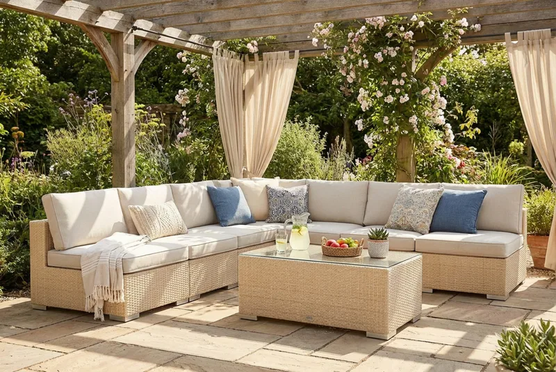 Bahamas utendørs hjørnesofa 7-seters vendbar med åpen avslutning og bord - Beige - Hage - Utemiljø - Veranda & terrasse - Verandamøbler