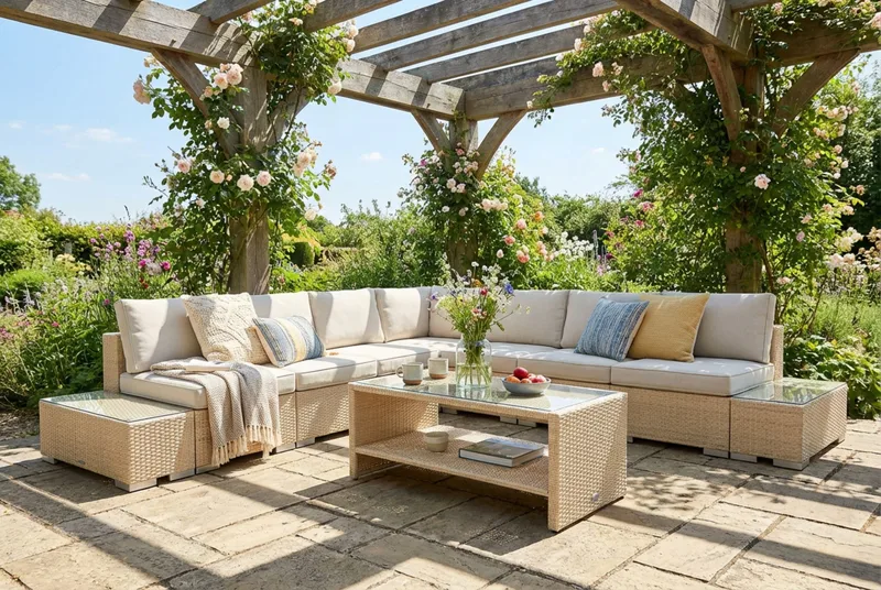 Bahamas utendørs hjørnesofa 7-seters vendbar med åpen avslutning og bord med hylle - Beige - Hage - Utemiljø - Veranda & terrasse - Verandamøbler