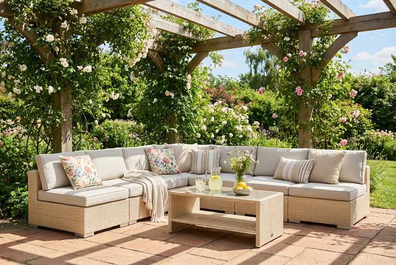 Bahamas utendørs hjørnesofa 7-seters vendbar med åpen avslutning og bord med hylle - Beige - Hage - Utemiljø - Veranda & terrasse - Verandamøbler