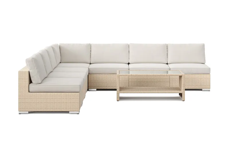 Bahamas utendørs hjørnesofa 7-seters vendbar med åpen avslutning og bord med hylle - Beige - Hage - Utemiljø - Veranda & terrasse - Verandamøbler