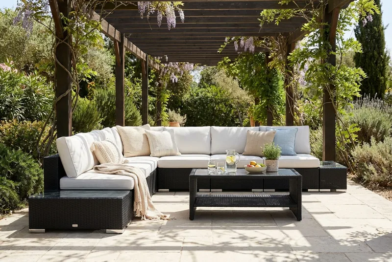 Bahamas utendørs hjørnesofa 7-seters vendbar med åpen avslutning og bord med hylle - Svart - Hage - Utemiljø - Veranda & terrasse - Verandamøbler