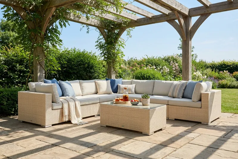 Bahamas utendørs hjørnesofa 7-seters vendbar med bord - Beige - Hage - Utemiljø - Veranda & terrasse - Verandamøbler