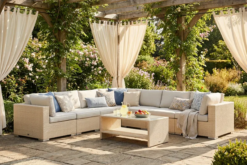 Bahamas utendørs hjørnesofa 7-seters vendbar og bord med hylle - Beige - Hage - Utemiljø - Veranda & terrasse - Verandamøbler