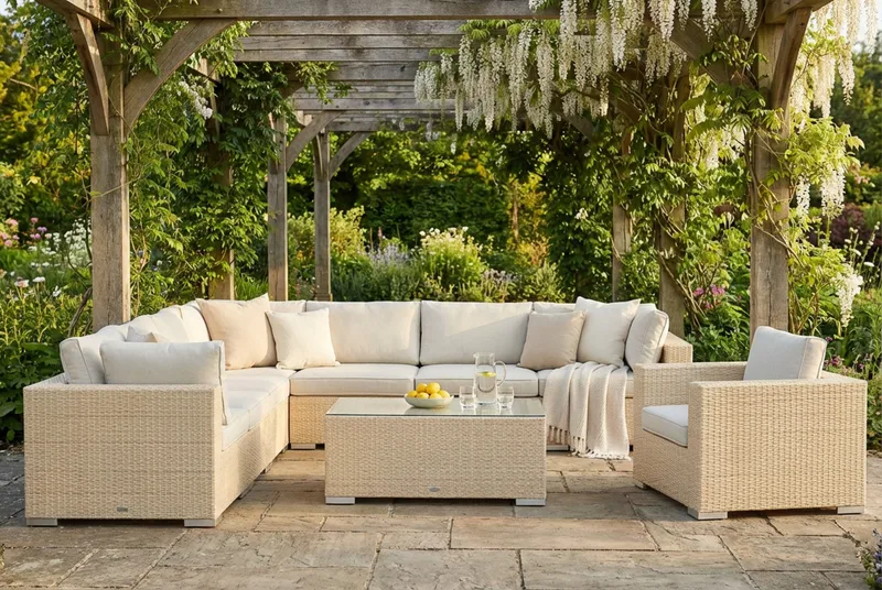 Bahamas utendørs hjørnesofa 8-seters vendbar med lenestol og bord - Beige - Hage - Utemiljø - Veranda & terrasse - Verandamøbler