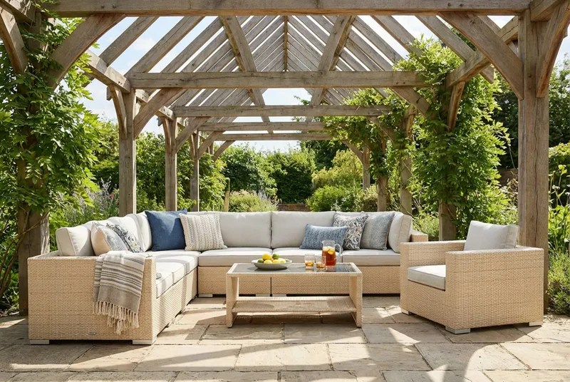 Bahamas utendørs hjørnesofa 8-seters vendbar med lenestol og bord med hylle - Beige - Hage - Utemiljø - Veranda & terrasse - Verandamøbler