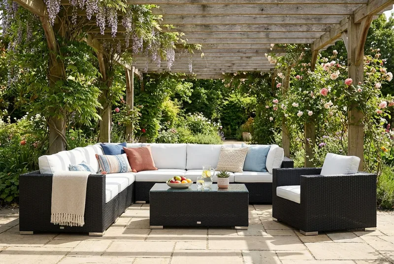 Bahamas utendørs hjørnesofa 8-seters vendbar med lenestol og bord - Svart - Hage - Utemiljø - Veranda & terrasse - Verandamøbler