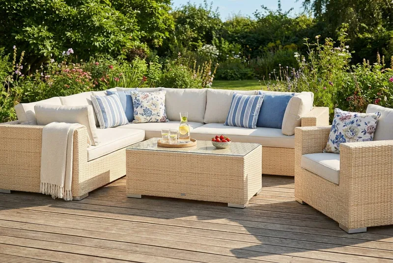 Bahamas utendørs L-sofa høyre 7-seters med lenestol og bord - Beige - Hage - Utemiljø - Veranda & terrasse - Verandamøbler