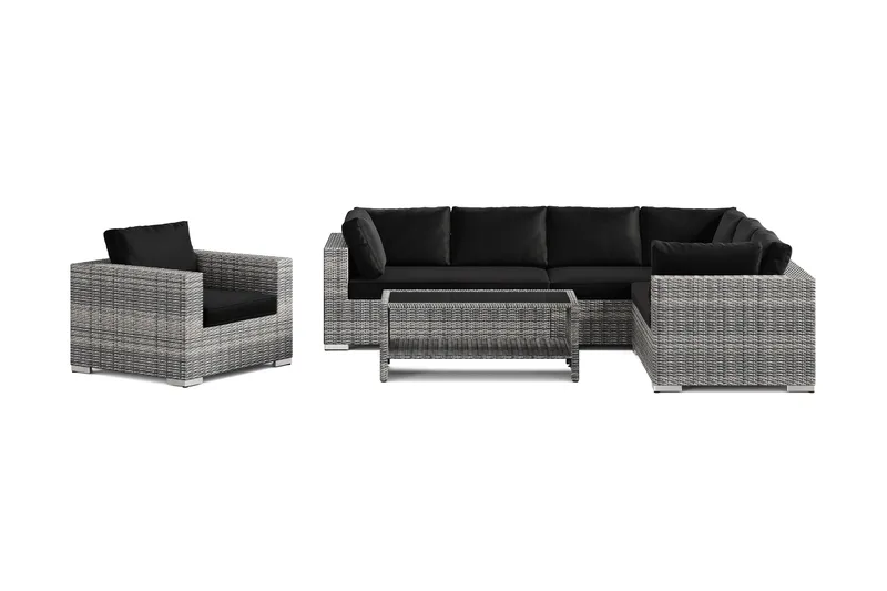 Bahamas utendørs L-sofa høyre 7-seters med lenestol og bord med hylle - Grå - Hage - Utemiljø - Veranda & terrasse - Verandamøbler