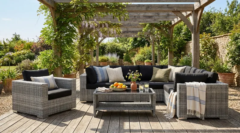 Bahamas utendørs L-sofa høyre 7-seters med lenestol og bord med hylle - Grå - Hage - Utemiljø - Veranda & terrasse - Verandamøbler
