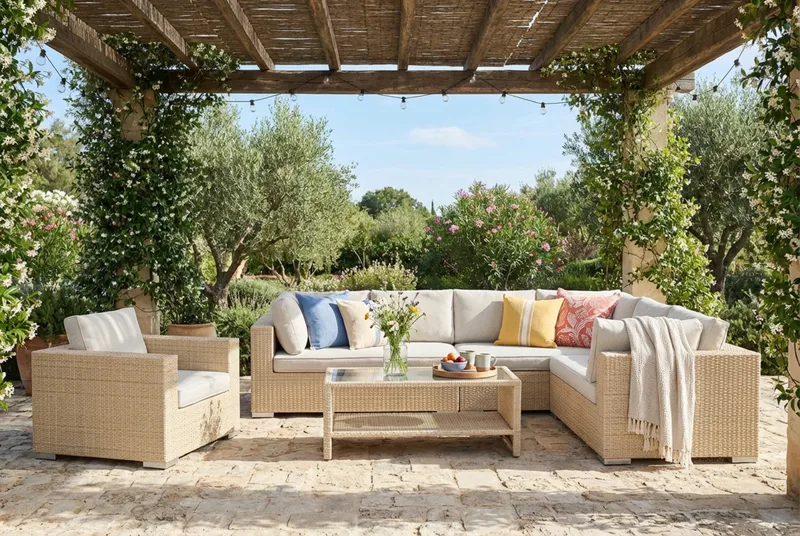 Bahamas utendørs L-sofa venstre 7-seters med lenestol og bord med hylle - Beige - Hage - Utemiljø - Veranda & terrasse - Verandamøbler