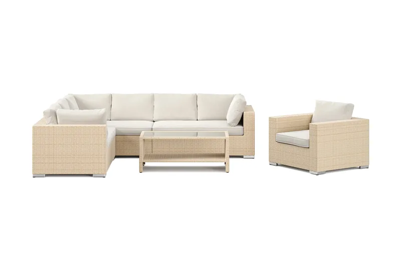 Bahamas utendørs L-sofa venstre 7-seters med lenestol og bord med hylle - Beige - Hage - Utemiljø - Veranda & terrasse - Verandamøbler