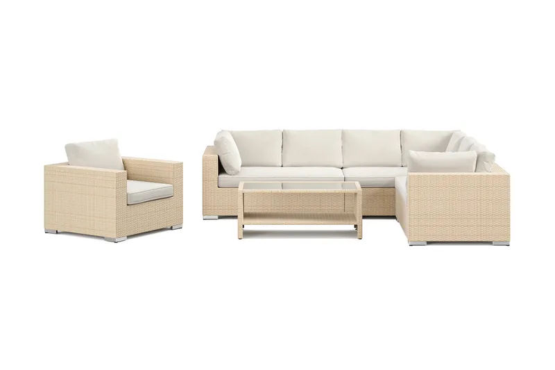 Bahamas utendørs L-sofa venstre 7-seters med lenestol og bord med hylle - Beige - Hage - Utemiljø - Veranda & terrasse - Verandamøbler
