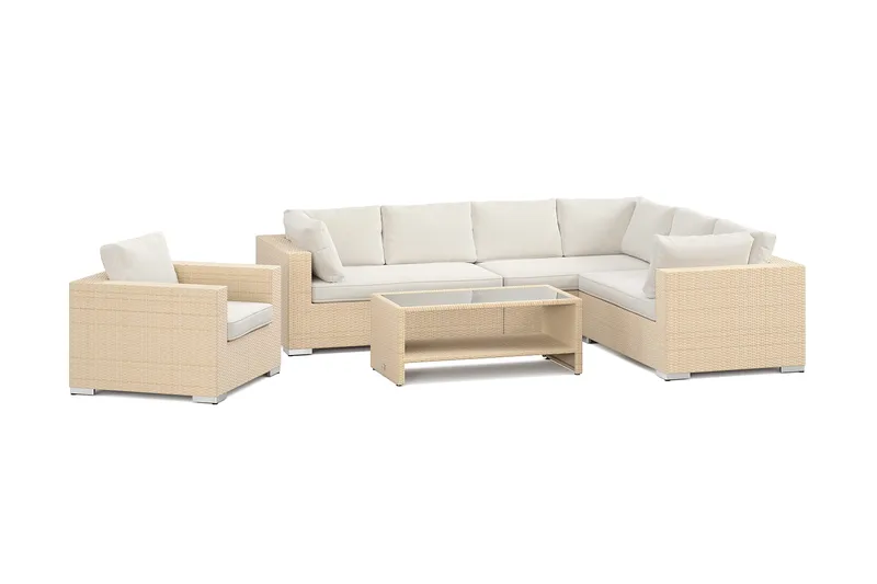 Bahamas utendørs L-sofa venstre 7-seters med lenestol og bord med hylle, Beige