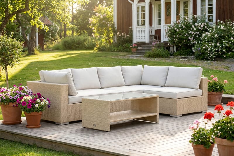 Bahamas utendørs loungegruppe 5-seters med vendbar sjeselong og bord med hylle - Beige - Hage - Utemiljø - Veranda & terrasse - Verandamøbler