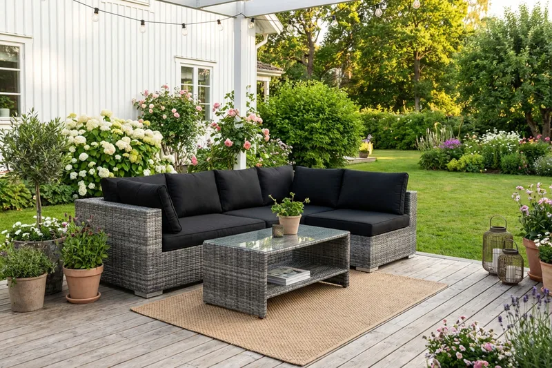 Bahamas utendørs loungegruppe 5-seters med vendbar sjeselong og bord med hylle - Grå - Hage - Utemiljø - Veranda & terrasse - Verandamøbler