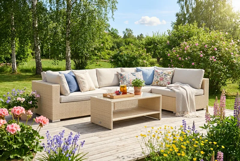 Bahamas utendørs loungegruppe 6-seters med vendbar sjeselong og bord med hylle - Beige - Hage - Utemiljø - Veranda & terrasse - Verandamøbler