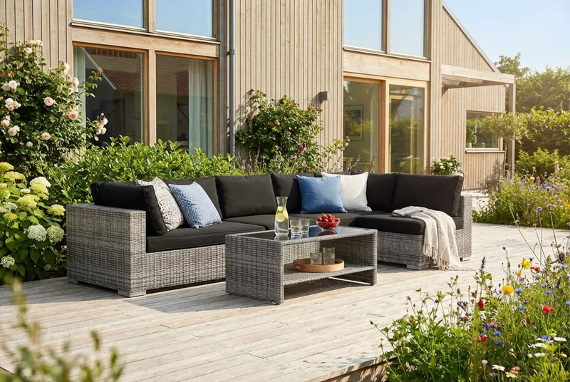 Bahamas utendørs loungegruppe 6-seters med vendbar sjeselong og bord med hylle - Grå - Hage - Utemiljø - Veranda & terrasse - Verandamøbler