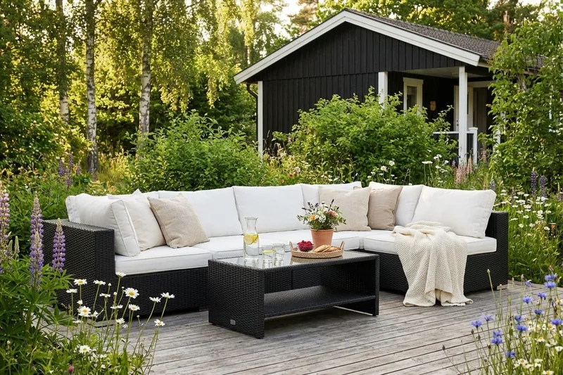 Bahamas utendørs loungegruppe 6-seters med vendbar sjeselong og bord med hylle - Svart - Hage - Utemiljø - Veranda & terrasse - Verandamøbler