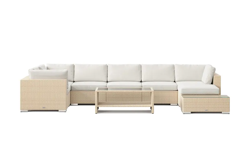 Bahamas utendørs U-sofa 7-seters vendbar divan med åpen avslutning og bord med hylle - Beige - Hage - Utemiljø - Veranda & terrasse - Verandamøbler