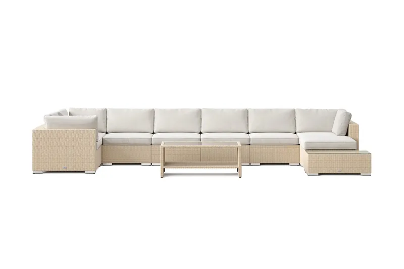 Bahamas utendørs U-sofa 8-seters vendbar divan med åpen avslutning og bord med hylle - Beige - Hage - Utemiljø - Veranda & terrasse - Verandamøbler
