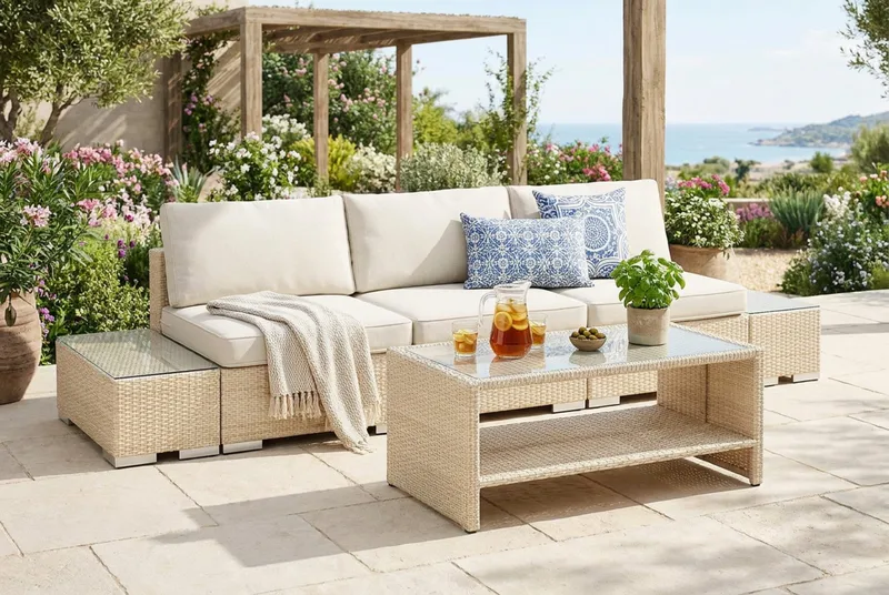 Bahamas utesofa 3-seters med bord med hylle - Beige - Hagemøbler - Loungemøbler - Sofagruppe utendørs
