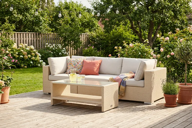Bahamas utesofa 3-seters med bord og hylle - Beige - Hage - Utemiljø - Veranda & terrasse - Verandamøbler
