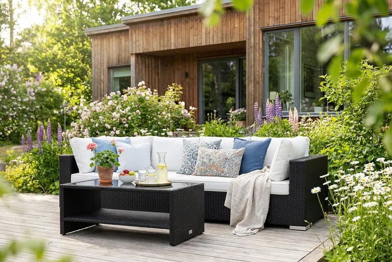 Bahamas utesofa 4-seters med bord og hylle - Svart - Hage - Utemiljø - Veranda & terrasse - Verandamøbler
