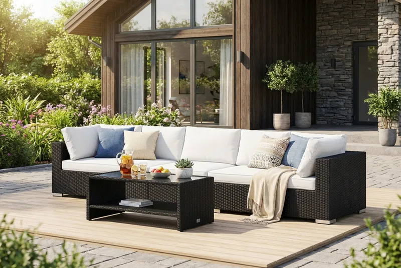 Bahamas utesofa 5-seters med bord og hylle - Svart - Hage - Utemiljø - Veranda & terrasse - Verandamøbler