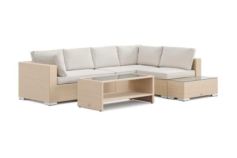 Bahamas utesofa 5-seters vendbar sjeselong med avslutning og bord med hylle, Beige