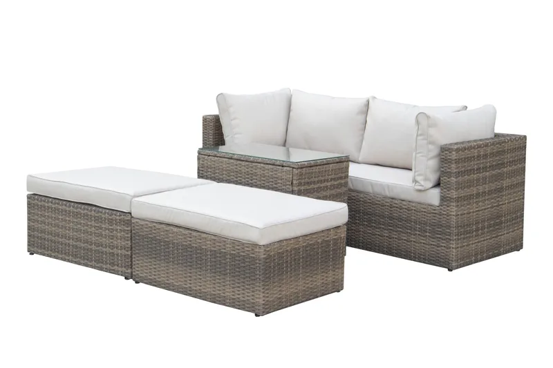Dramilo loungegruppe i kunstrotting med bord og puter - Beige - Hage - Utemiljø - Veranda & terrasse - Verandamøbler