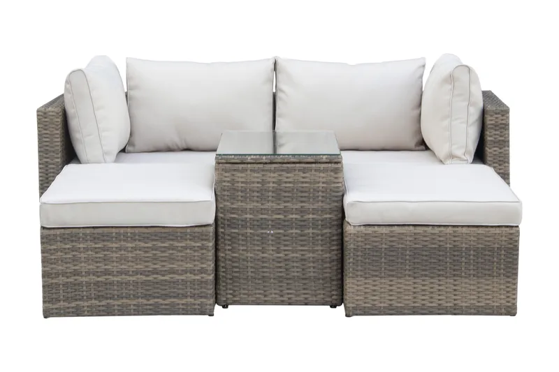 Dramilo loungegruppe i kunstrotting med bord og puter - Beige - Hage - Utemiljø - Veranda & terrasse - Verandamøbler