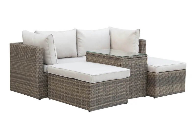 Dramilo loungegruppe i kunstrotting med bord og puter, Beige