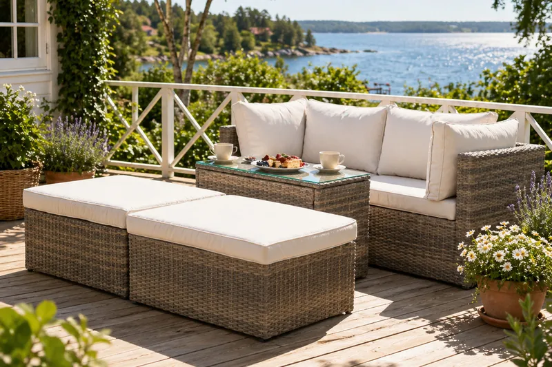 Dramilo loungegruppe i kunstrotting med bord og puter - Beige - Hage - Utemiljø - Veranda & terrasse - Verandamøbler
