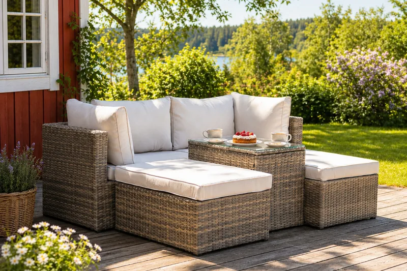 Dramilo loungegruppe i kunstrotting med bord og puter - Beige - Hage - Utemiljø - Veranda & terrasse - Verandamøbler
