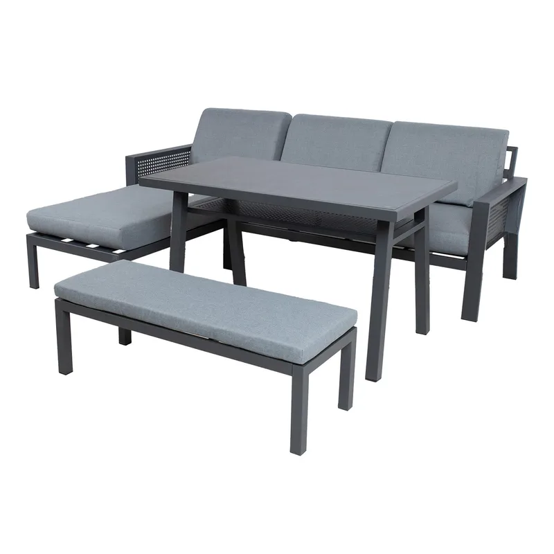 Hagemøbelsett HOME4YOU Delgado hjørnesofa, bord og benk - Grå - Hage - Utemiljø - Veranda & terrasse - Verandamøbler