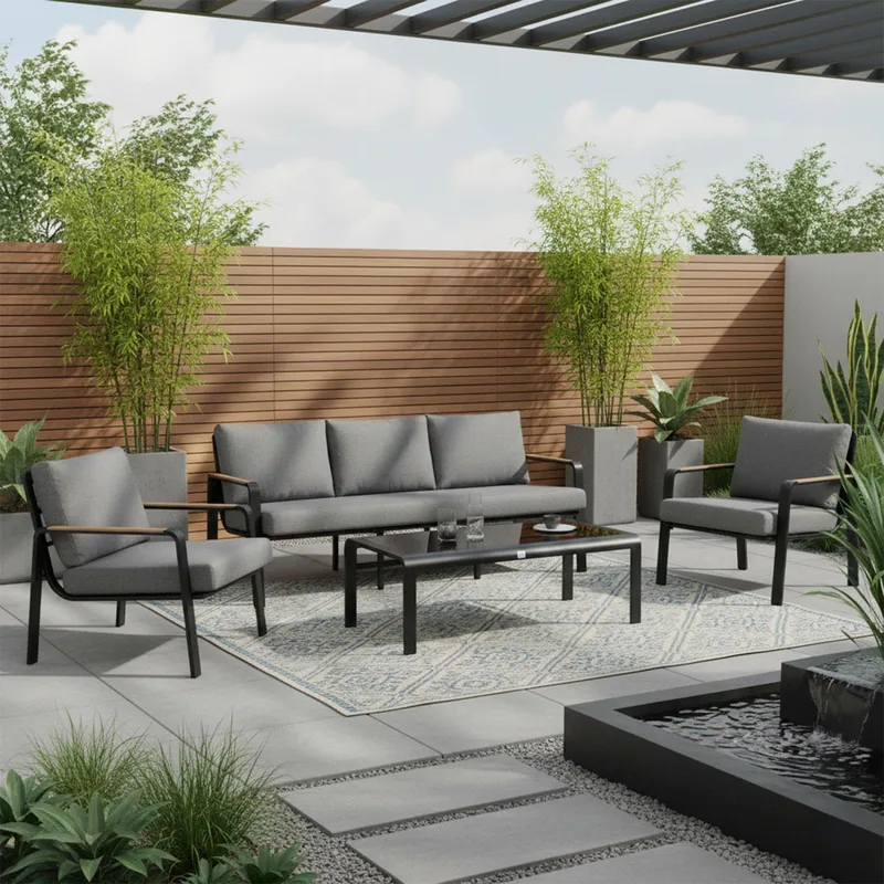 Hagemøbelsett HOME4YOU Lona bord, sofa og 2 stoler grå/svart - Grå / svart - Hage - Utemiljø - Veranda & terrasse - Verandamøbler