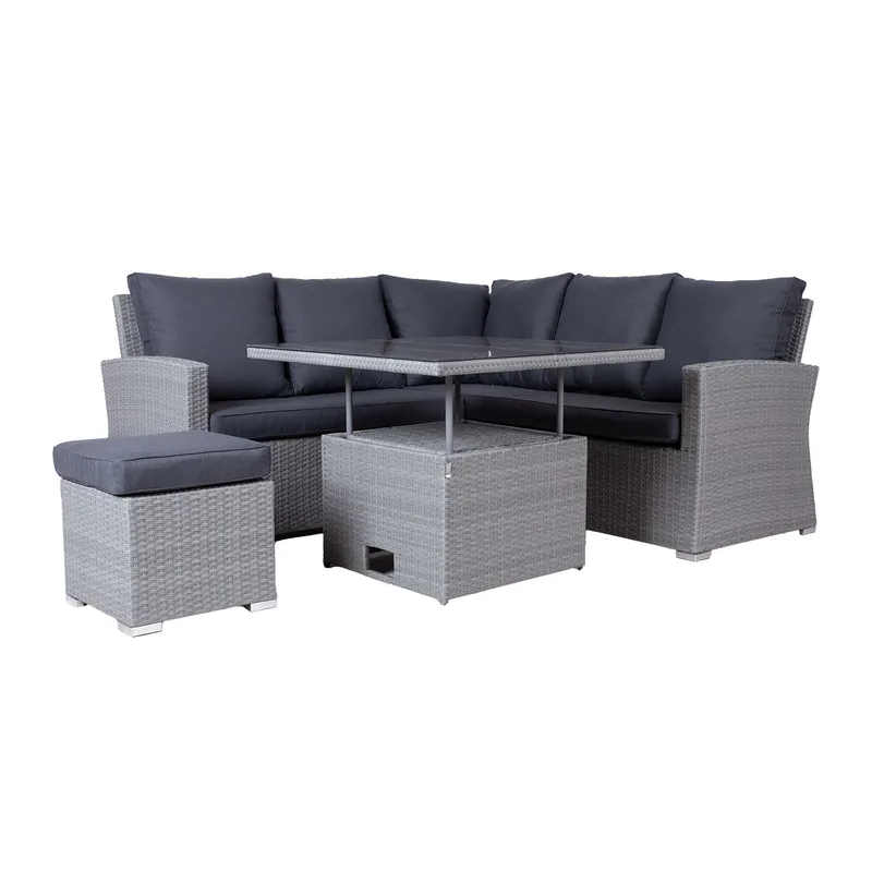 Hagemøbelsett HOME4YOU Samuel bord, hjørnesofa og ottoman, Grå