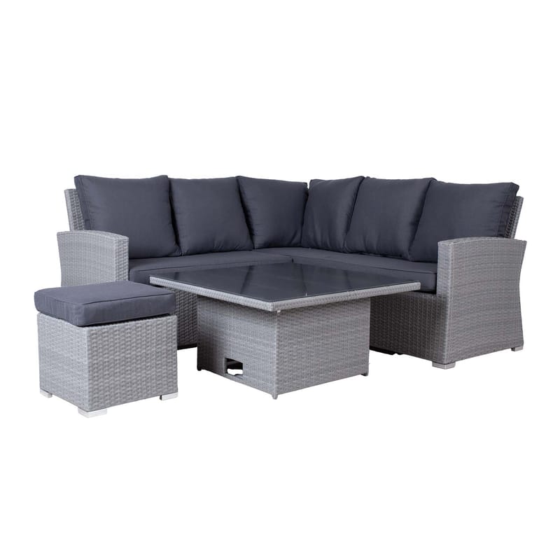 Hagemøbelsett HOME4YOU Samuel bord, hjørnesofa og ottoman - Grå - Hage - Utemiljø - Veranda & terrasse - Verandamøbler