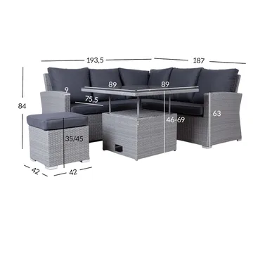 Hagemøbelsett HOME4YOU Samuel bord, hjørnesofa og ottoman - Grå - Hagemøbler - Loungemøbler - Sofagruppe utendørs