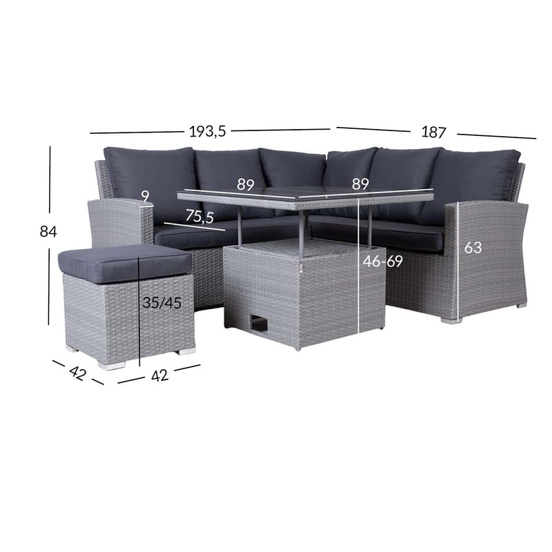 Hagemøbelsett HOME4YOU Samuel bord, hjørnesofa og ottoman - Grå - Hage - Utemiljø - Veranda & terrasse - Verandamøbler
