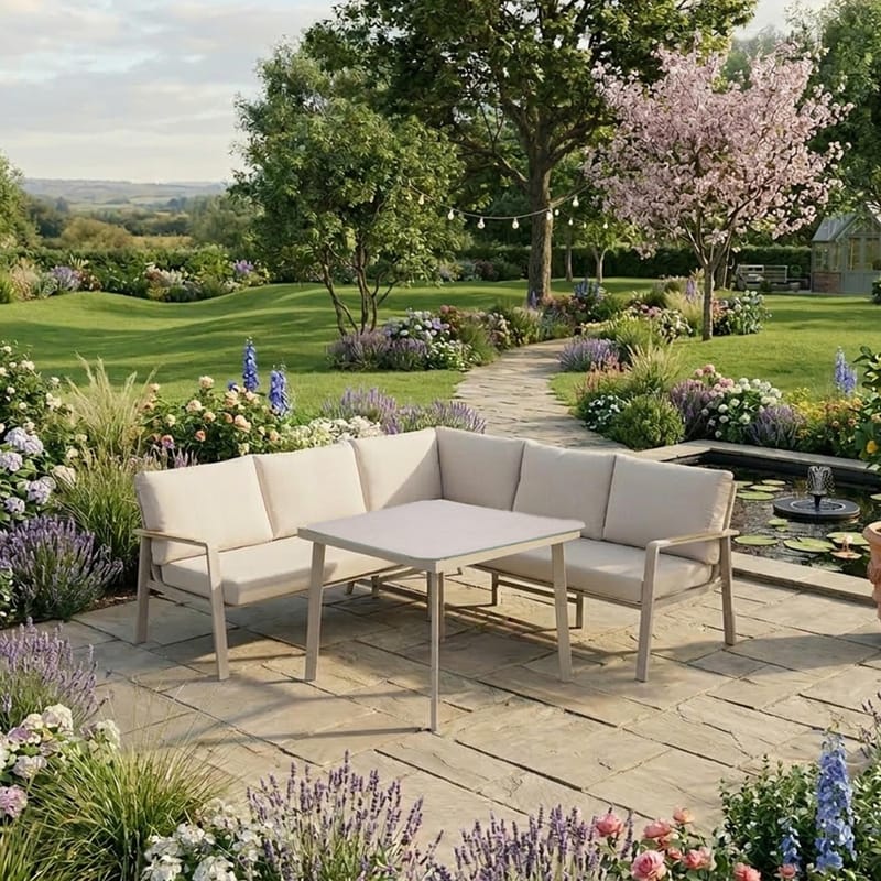 Hagemøbelsett HOME4YOU Upland bord og hjørnesofa beige - Beige - Hage - Utemiljø - Veranda & terrasse - Verandamøbler